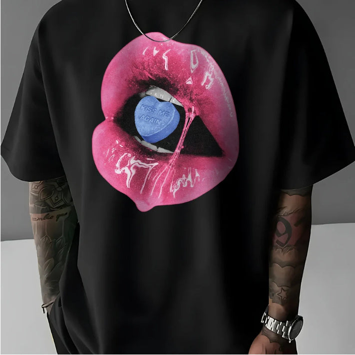 Street Style Pattern T-shirt Bold Lip Print