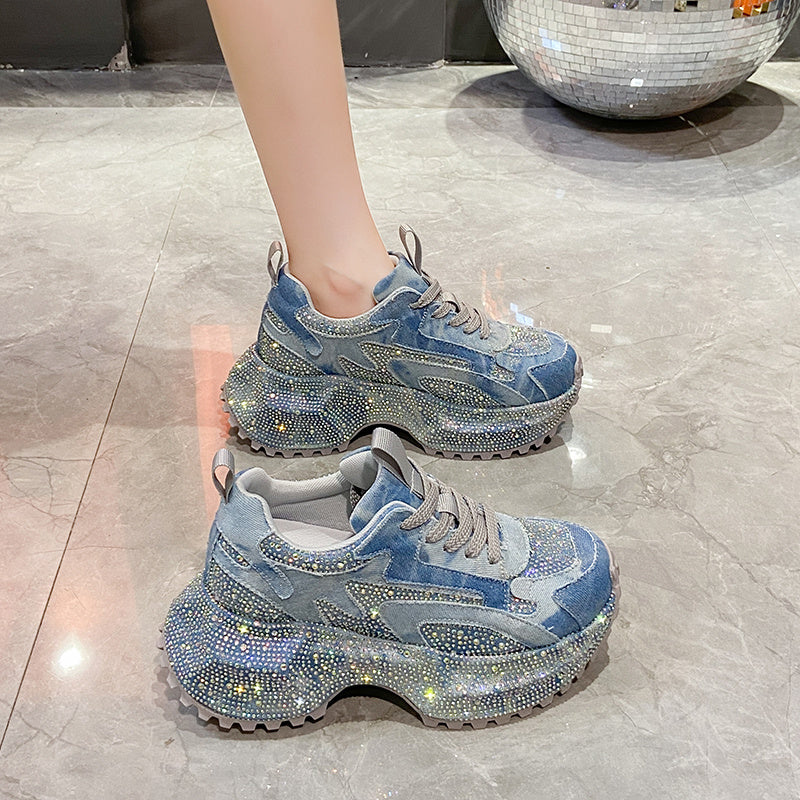 Glitter Diamond Purple Platform Sneakers Women Luxury Suede Casual Running Shoes Fashion Bling Cushion Dad Shoes