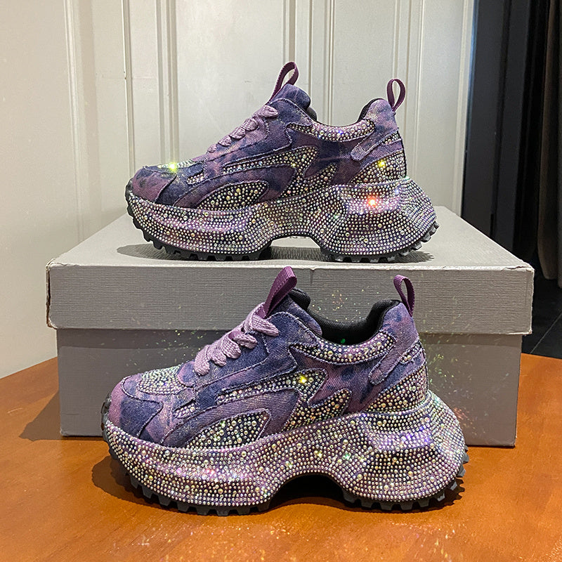 Glitter Diamond Purple Platform Sneakers Women Luxury Suede Casual Running Shoes Fashion Bling Cushion Dad Shoes