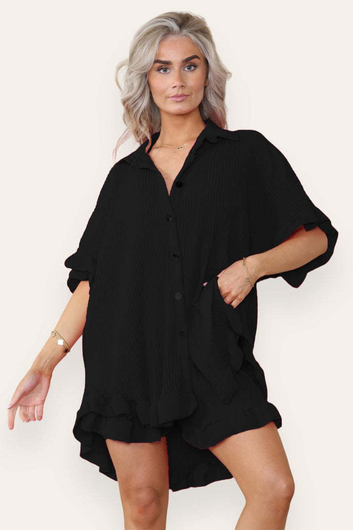 Women Casual Oversized Gold Button Pleated Frilled Ruffle Short Sleeves Shirt Top And Short Co Ord Set